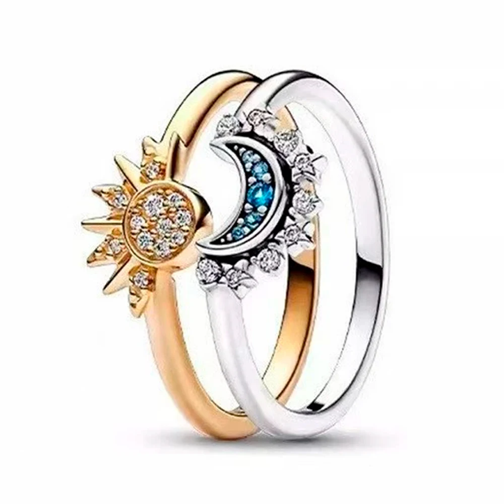2 unid/set conjunto de anillos de pareja de verano azul cielo brillante Luna y sol anillo 2023 nuevo conjunto de dedo apilable para mujer joyería de compromiso