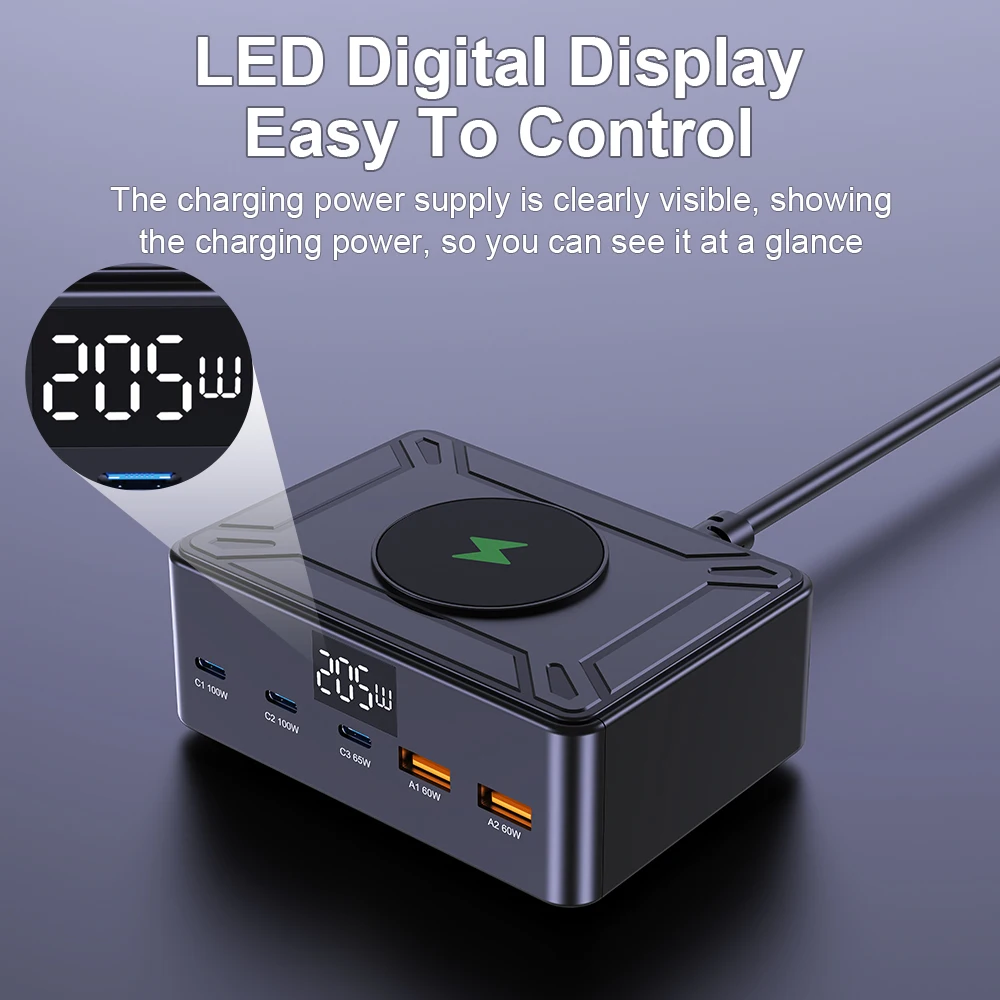 Ueetop-cargador GaN de 205W con pantalla Digital, cargador USB tipo C de escritorio PD 100W PPS 45W QC4.0, carga rápida para ordenador portátil, tableta y teléfono - imagen 4