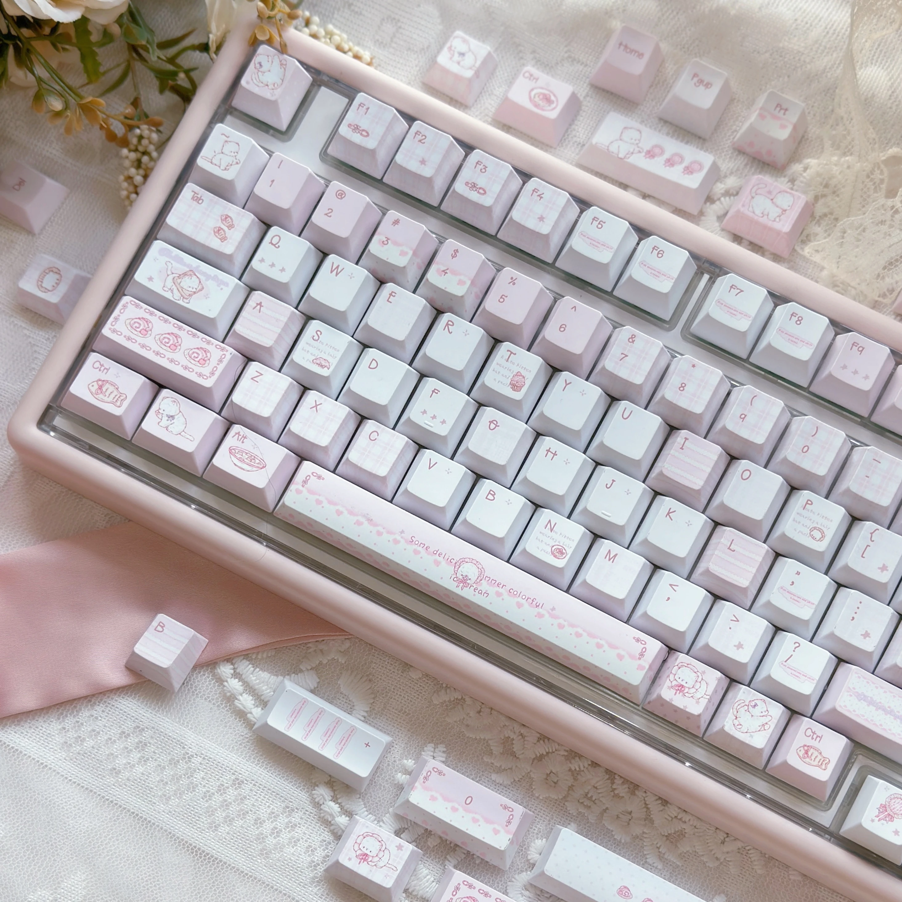 Sobremesa gato rosa Keycap cereza perfil 130 teclas PBT tinte sublimación dibujos animados lindo teclado mecánico personalizado Keycaps regalos para niñas - imagen 2
