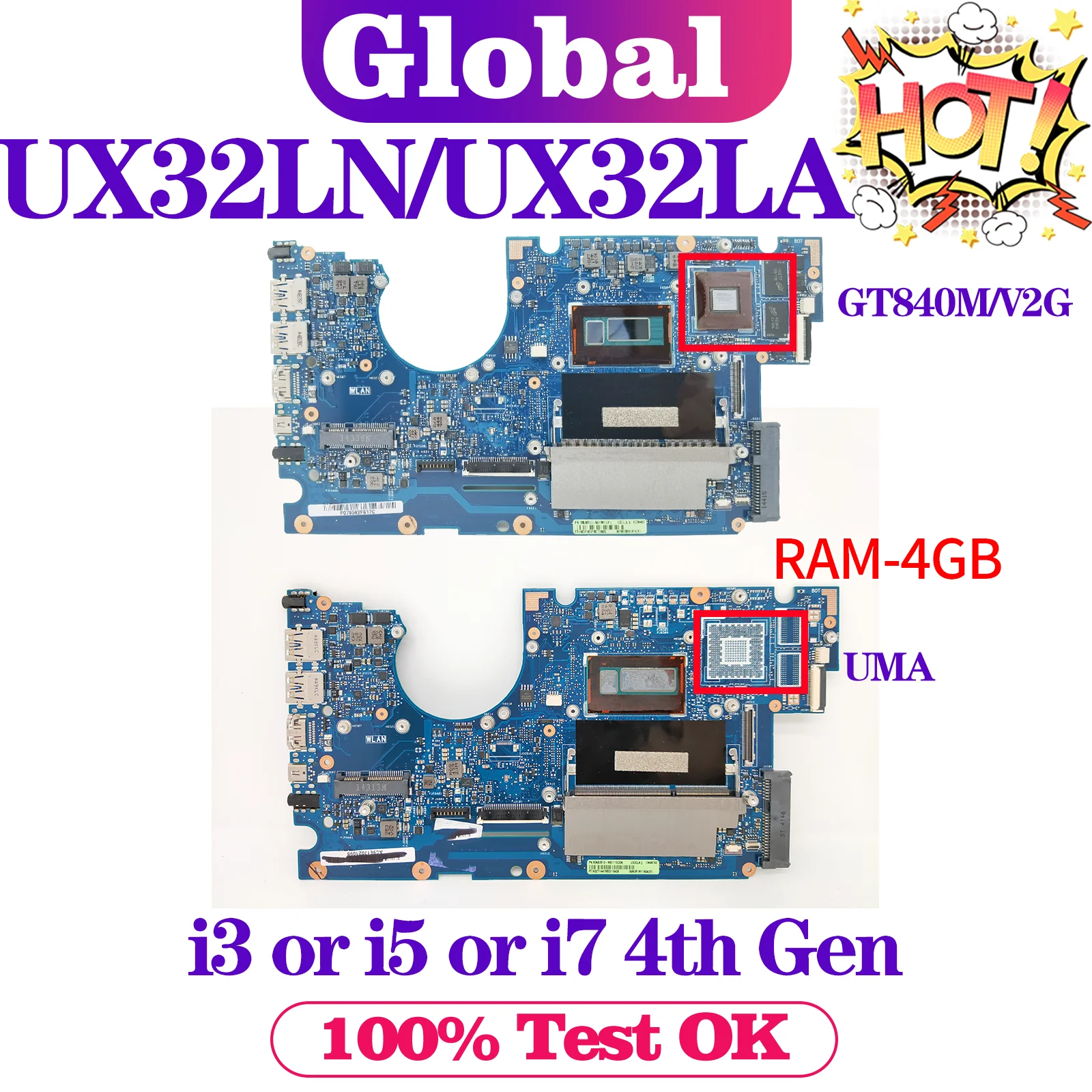 Placa base UX32LA-LN UX32LN UX32L UX32LA BX32LN BX32LA para placa base de ordenador portátil ASUS i3 i5 i7 - 4th Gen UMA GT840M 4GB-RAM