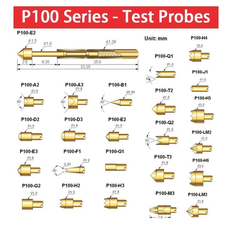YUXI 10PC bolsa Pin de prueba de resorte P100-A2 A3 B D2 D3 E3 H2 H3 H4 H5 J Q1 Q2 LM2 M3 diámetro exterior 1,36mm longitud 33,5mm para sonda PCB - imagen 2