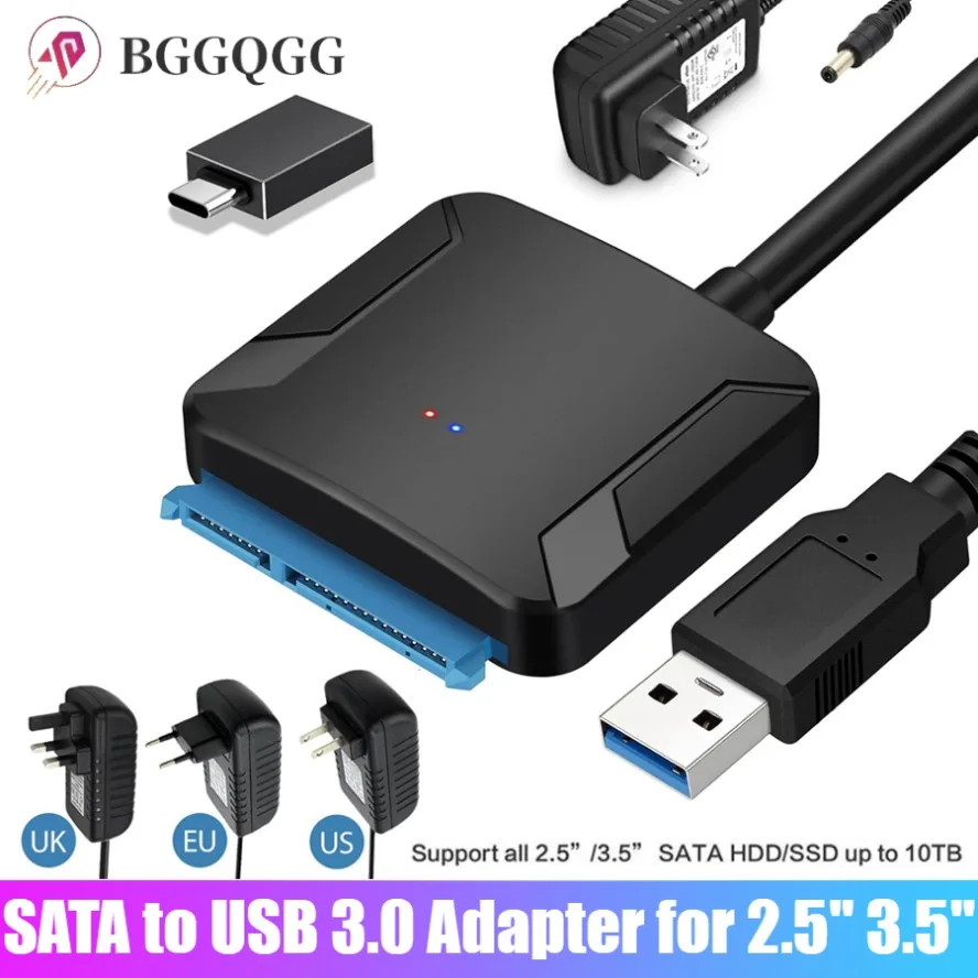BGGQGG Cable adaptador SATA a USB 3,0, convertidor externo, compatible con disco duro SSD HDD externo de 2,5/3,5 pulgadas con adaptador de corriente
