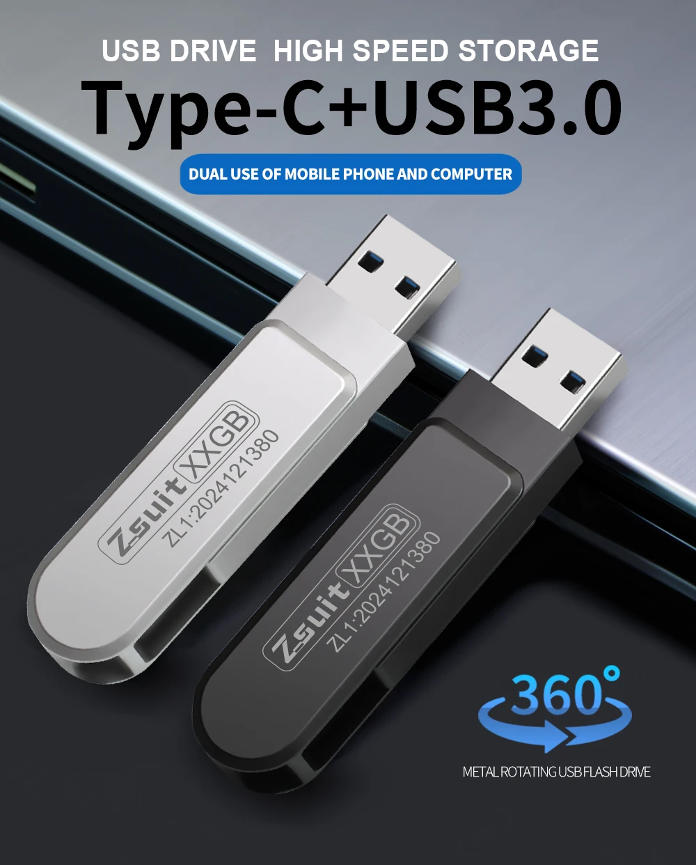 Unidad Flash USB Zsuit, USB-C giratorio, 64GB, 128GB, 32GB, 16GB, USB 3,0 tipo C, unidad de memoria USB 2 en 1 - imagen 2