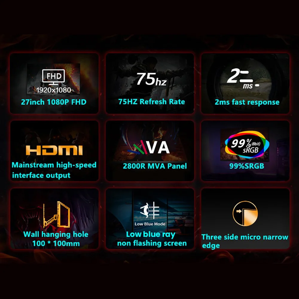 FYHXele-Monitor curvo para juegos, pantalla FY27FMC-B de 27 pulgadas, 2800R, 1920x1080 FHD, 16:9 VA, 75Hz, frecuencia de actualización, 2ms, tiempo de respuesta, 99% sRGB - imagen 2