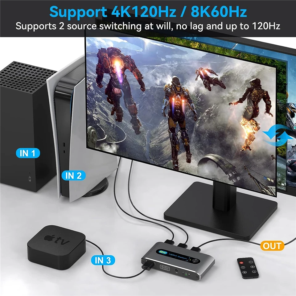 Interruptor remoto 8K HDMI, 4K, 120Hz, 3 en 1, salida HDMI 2,1, Selector divisor para HDR, UHD, VRR, ALLM, 2K, 144Hz, Dolby Vision para PS5, XBOX, TV - imagen 3
