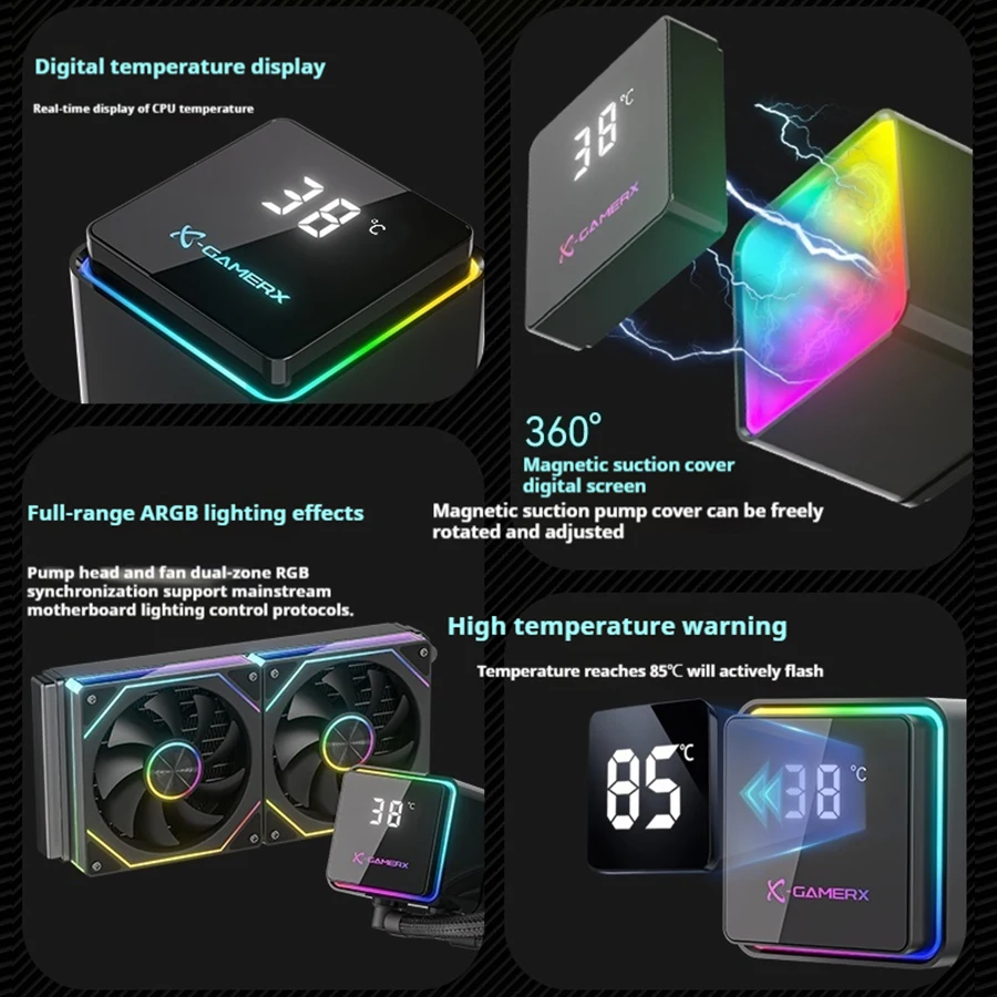 Enfriador de agua X-GAMERX PowerTrain M240 240 mm Efectos de luz ARGB global 360 ° Cubierta magnética pantalla de visualización digital enfriador de cpu aio - imagen 4