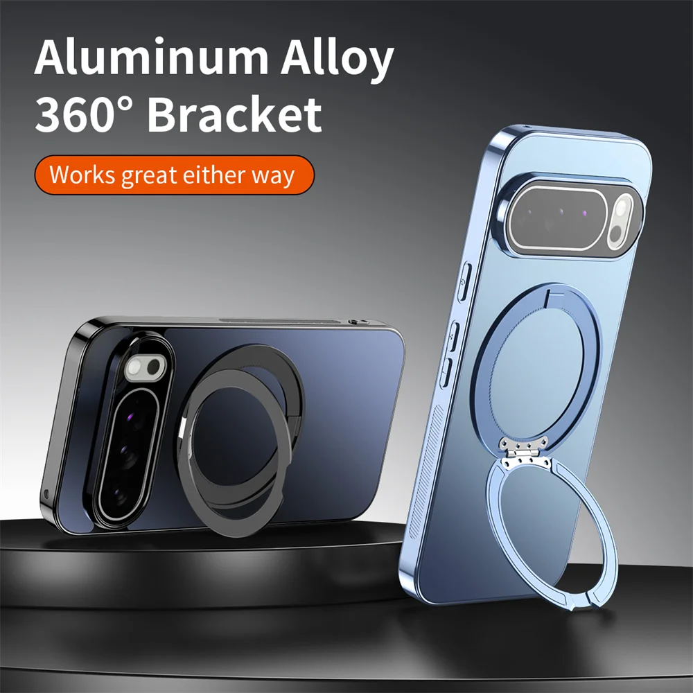 Funda de teléfono con soporte magnético y anillo magnético giratorio de lujo para Google Pixel9 10 Pro XL 9A 8 8A, cubierta protectora de PC con revestimiento de Color sólido