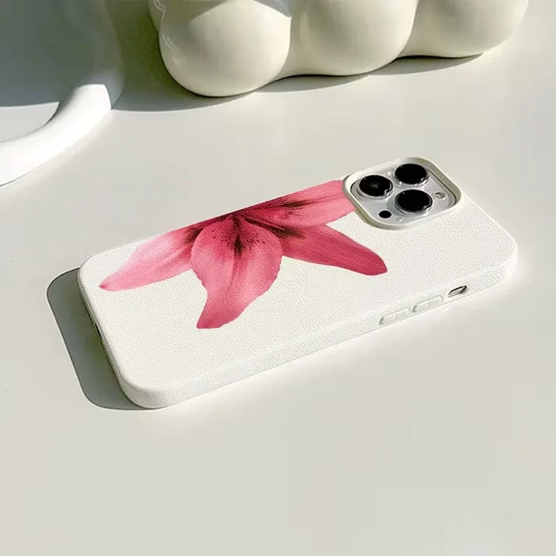 Funda de teléfono de piel sintética con patrón de lirio rojo para iPhone 11 12 13 14 15 16 17 Pro Max 16E 15 14 Plus X XR XS Max cubierta de TPU a prueba de golpes - imagen 2