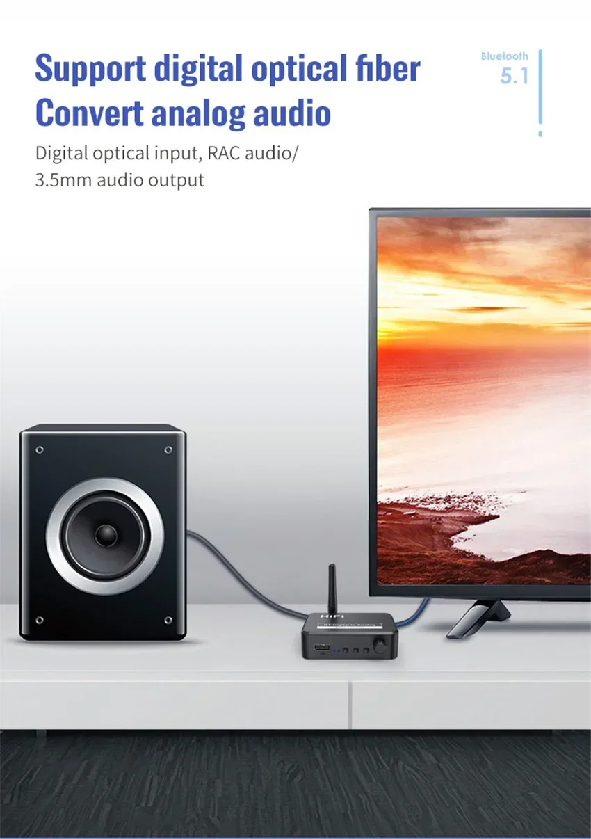 Receptor de Audio DAC Bluetooth 5,1, convertidor Digital a analógico, 3,5mm AUX RCA L/R U-Disk óptico estéreo Hifi 2 en 1, adaptador inalámbrico - imagen 2