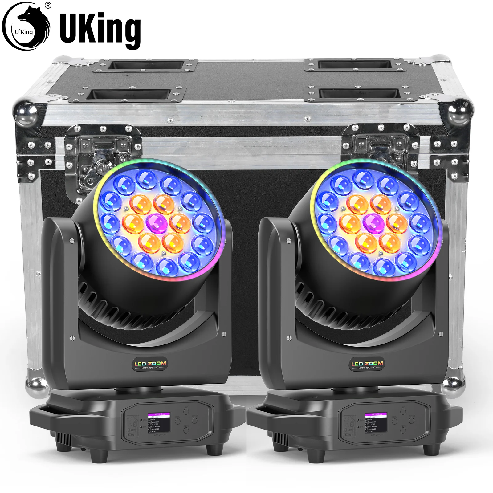 U'King 2 uds 220W Zoom luces con cabezales móviles con tira conjunto de fundas de aerolínea 19X8W RGBW luz de escenario y estuche de vuelo para fiesta de boda KTV Bar