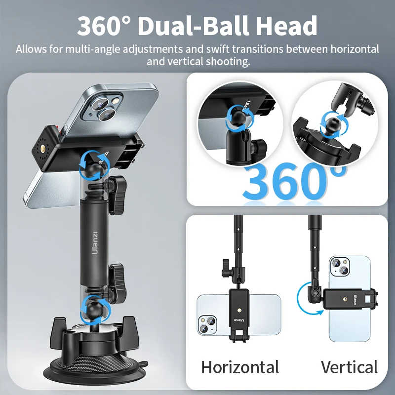 Ulanzi Go-Quick II Cámara de Acción Smartphone Soporte con Ventosa 1/4'' Tornillo 360 °   Cabezal de bola para GoPro para soporte para teléfono Insta360 para coche - imagen 5
