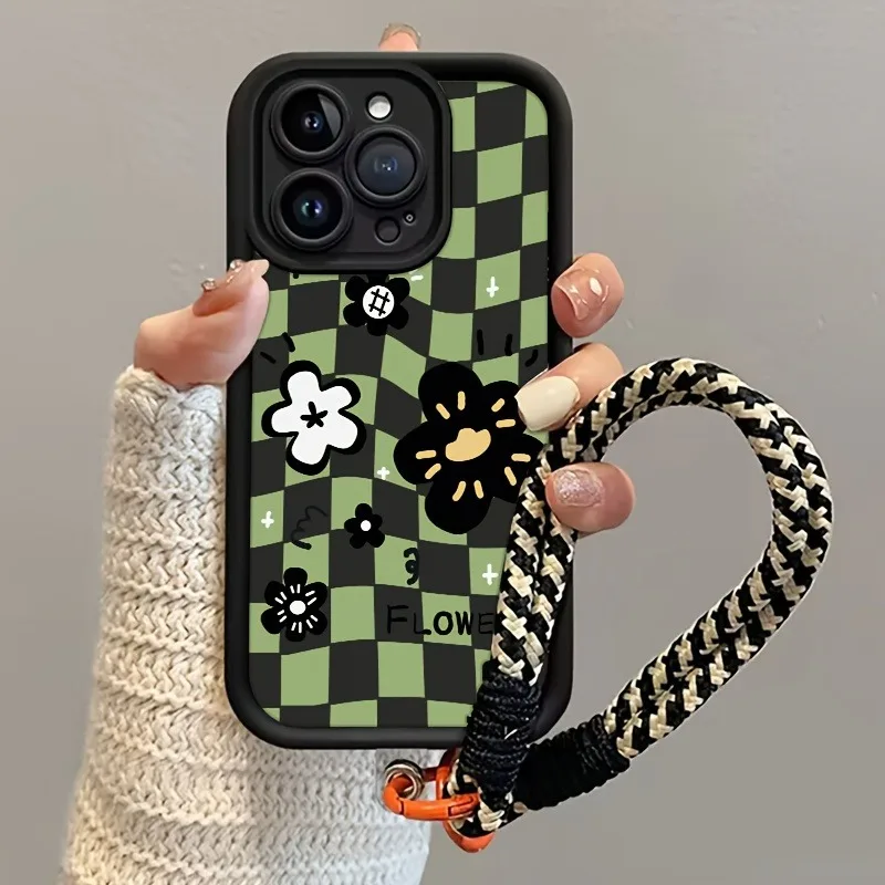 Funda de teléfono con correa colgante con estampado de rejilla de flores para iPhone 11 12 13 14 15 16 17 Pro Max 17 Air X XS XR 7 8 15 Plus 16E
