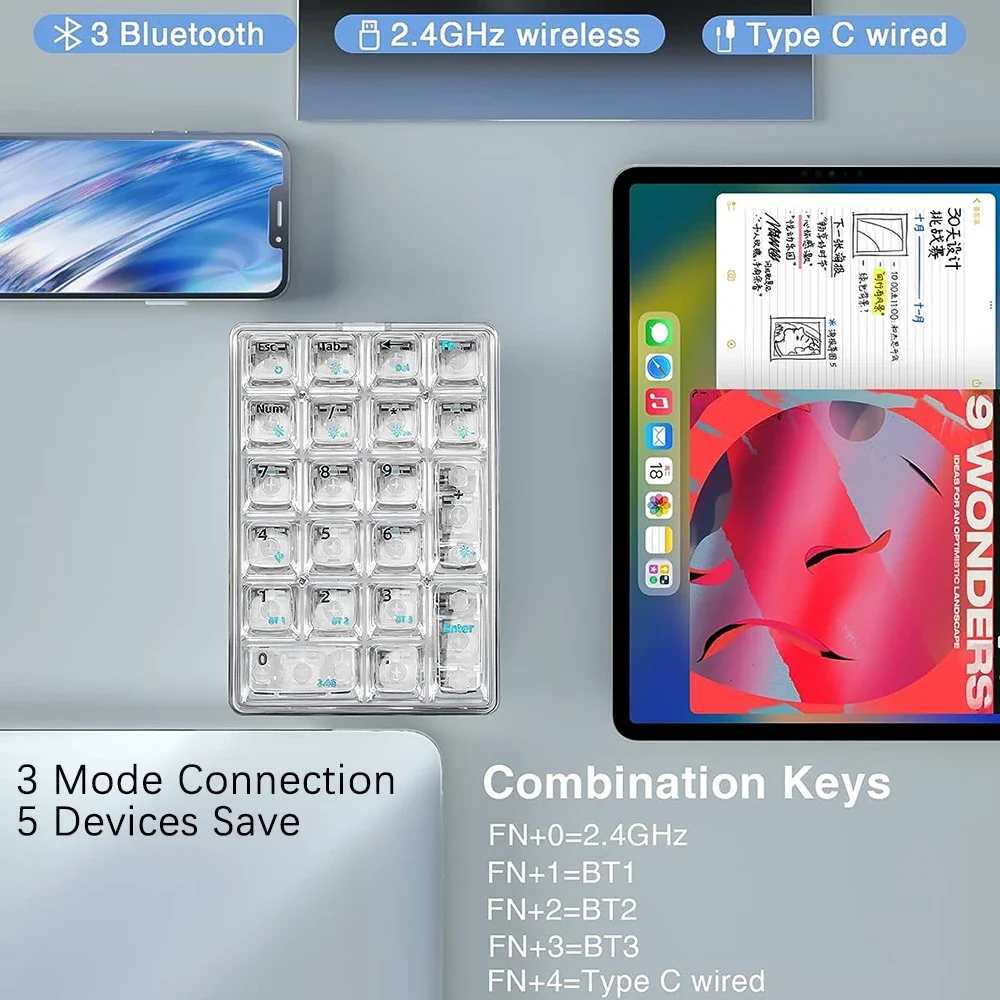 Teclado numérico inalámbrico AULA, retroiluminación blanca, teclado numérico transparente, teclado mecánico numérico inalámbrico Bluetooth de 21 teclas - imagen 2