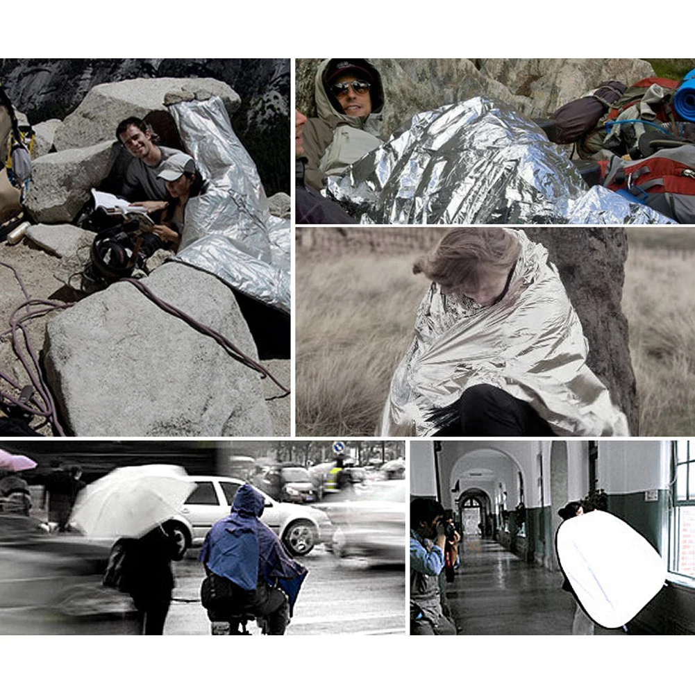 Manta espacial gigantesca de 130x210cm, suministros de emergencia, manta térmica de Mylar de aluminio, manta de lámina plateada para senderismo, maratones - imagen 4