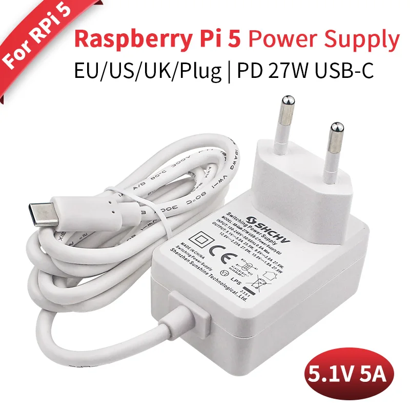 Raspberry Pi 5 27W fuente de alimentación 5,1 V 5A USB tipo C cargador USB tipo C enchufe UE EE. UU. Reino Unido para Raspberry Pi 5/4B RPI 5