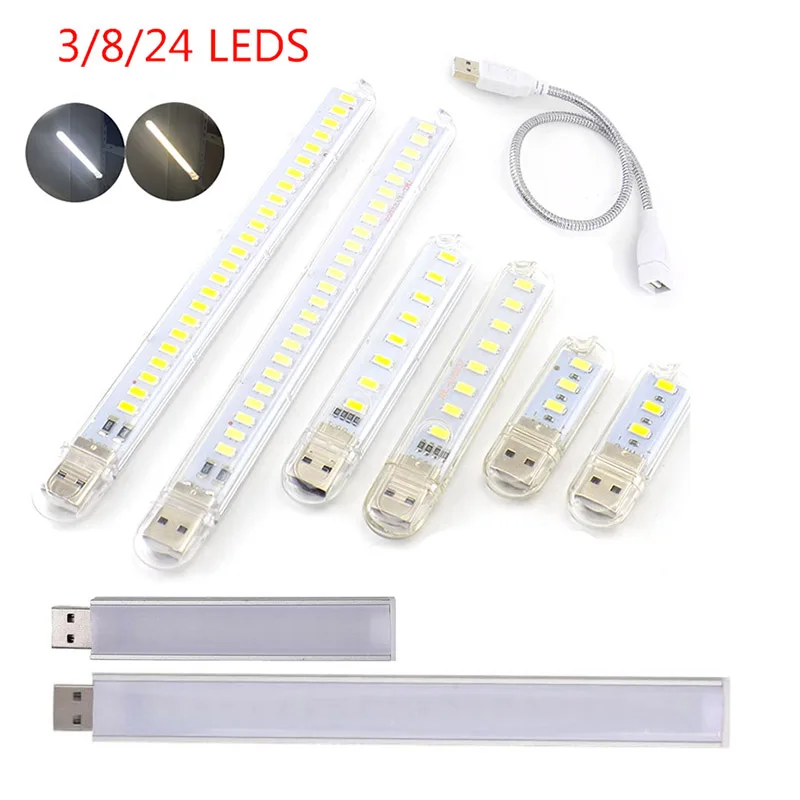 Mini luz nocturna LED para lectura de libros, linterna para banco de energía, iluminación para computadora, 3/8/24 LED, 5V, USB, CC, blanco cálido