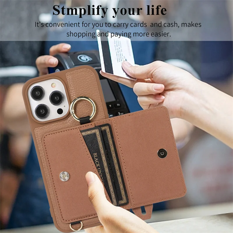 Funda de cuero con textura de lichi y cordón largo para iPhone 15, 14 Plus, 15, 13, 12, 11 Pro Max, funda trasera con soporte para correa para la muñeca - imagen 5