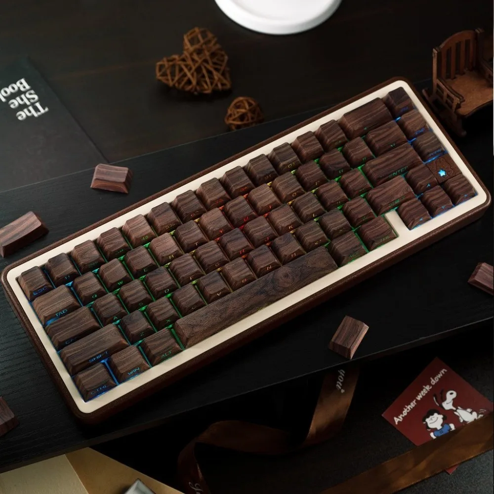 (No madera auténtica) Teclas de madera de imitación de nogal con estampado lateral de cereza que brilla a través de teclas de Material PBT para tapas de teclado mecánico - imagen 3