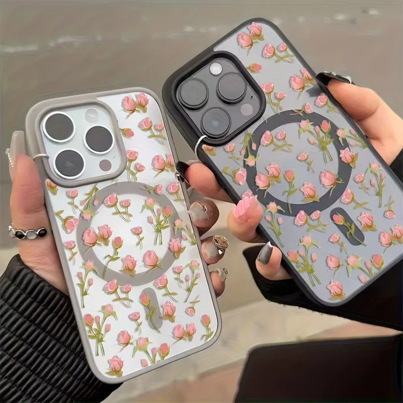 Para iPhone 17 16 15 14 13 12 Pro Max 11 funda rosa tulipán estampado magnético transparente cubierta de teléfono para iPhone 17 Air 16 15 Plus 16E Fundas - imagen 2