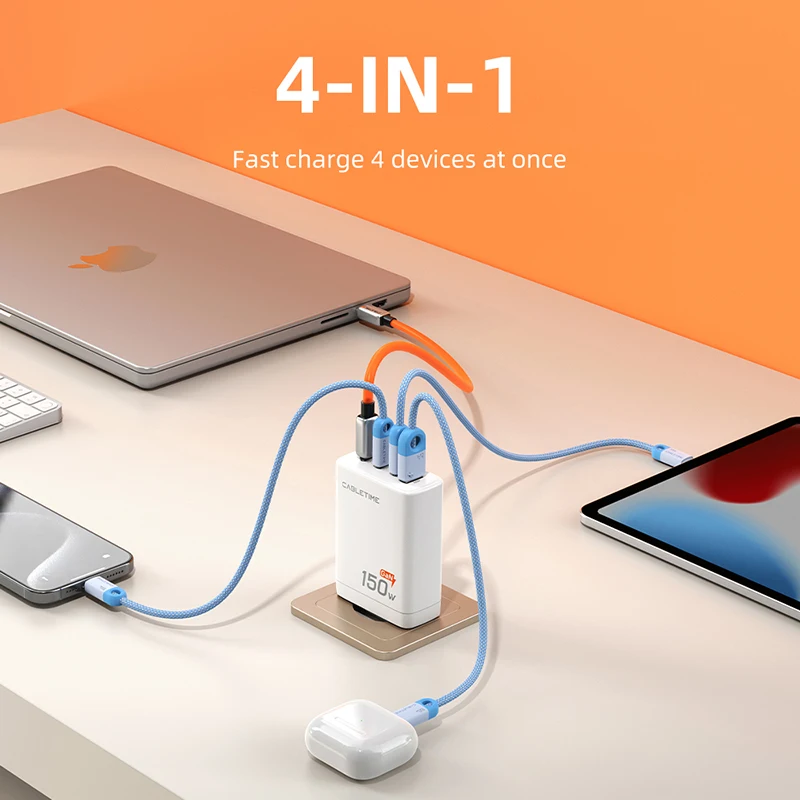 CABLETIME-cargador USB C de 150W PD GaN, cargador rápido 4 en 1, concentrador de carga USB C para carga de alta velocidad, seguridad para MacBook Pro iPad - imagen 3