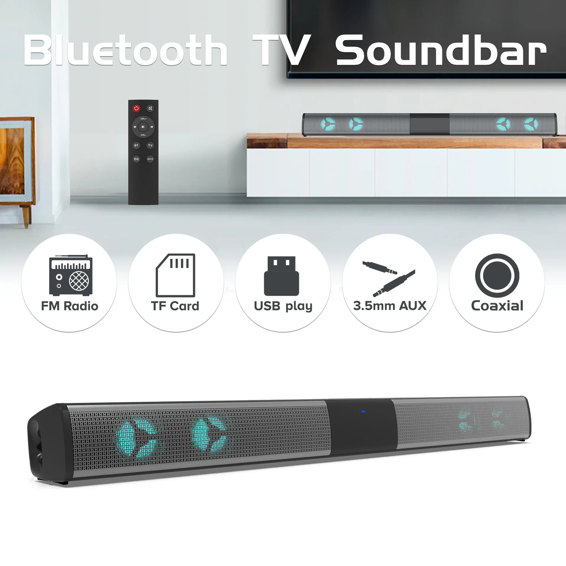 Barra de sonido para TV, Altavoz Bluetooth inalámbrico y con cable, cine en casa para PC, Radio FM, centro de música, columna, Subwoofer, Control remoto