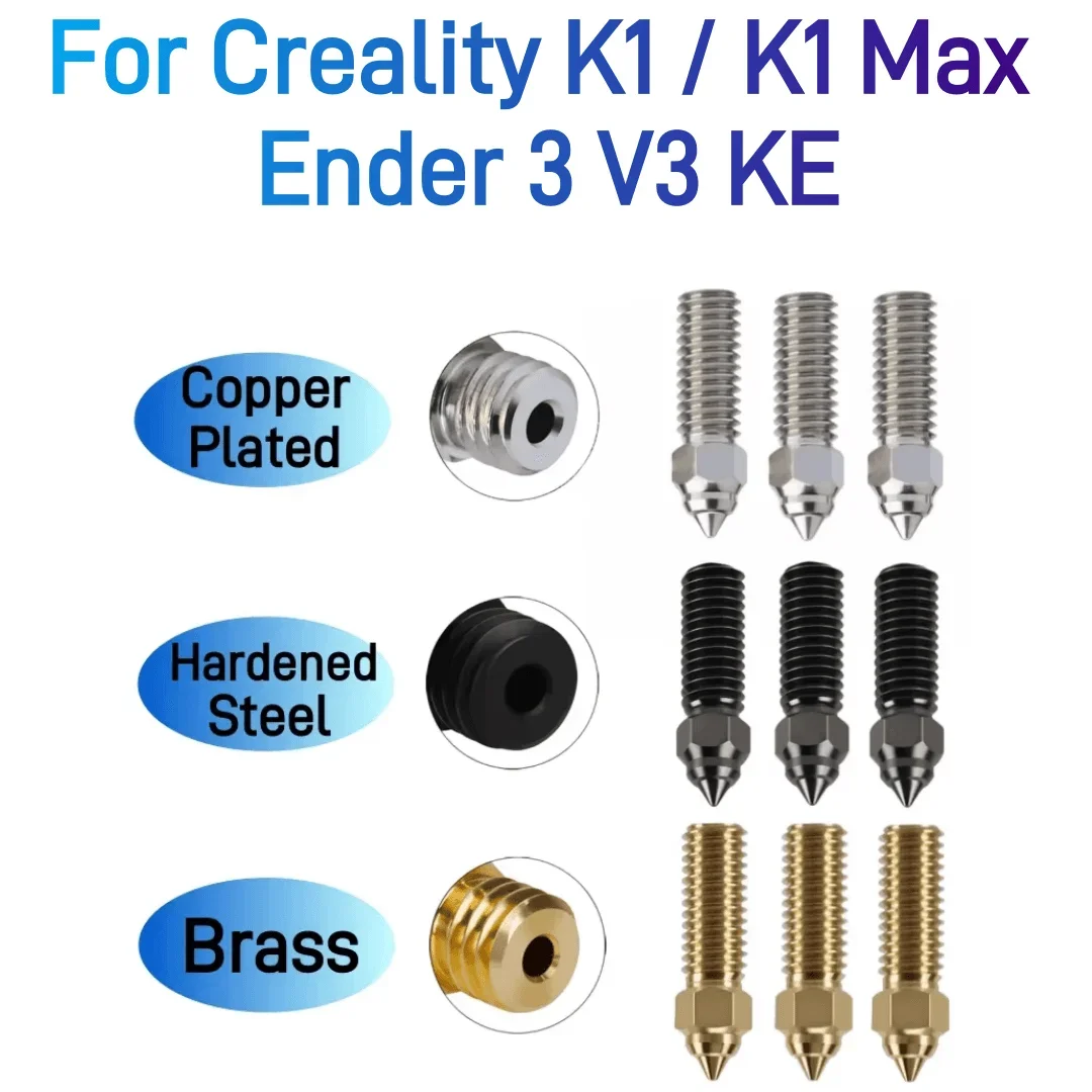 Boquilla para Creality K1/K1 Max de 0,4mm, boquilla de acero endurecido de cobre chapado en latón para Ender-3 V3 KE, boquillas de impresora 3D de alto flujo