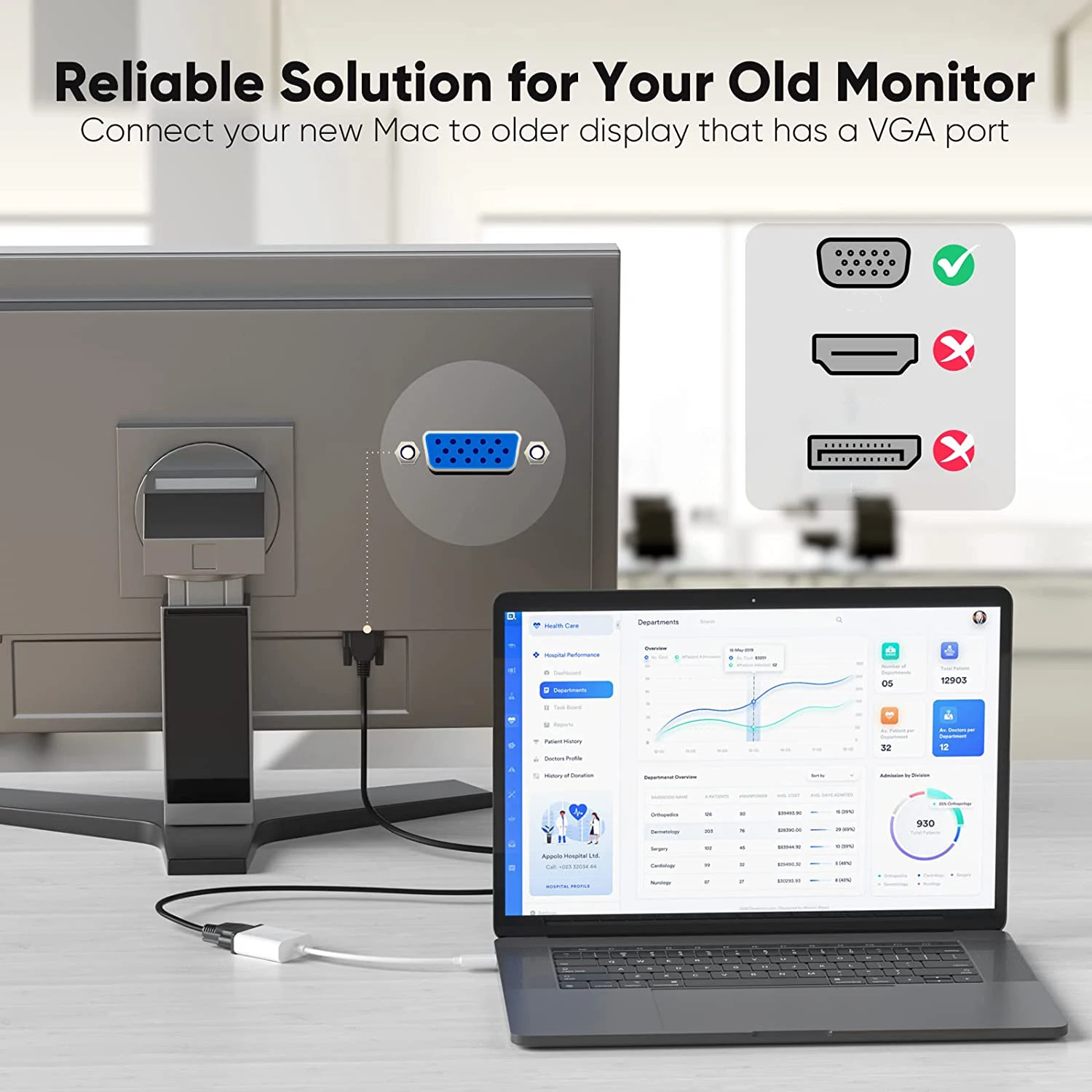 Adaptador USB C a VGA Compatible con Thunderbolt3 Macbook Pro tipo C macho a VGA hembra 1080P Cable de vídeo para Monitor de proyector - imagen 3