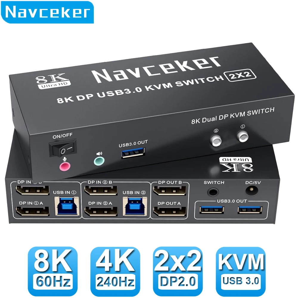 KVM Switch Navceker 4K 240Hz DisplayPort 2.0 USB 3.0