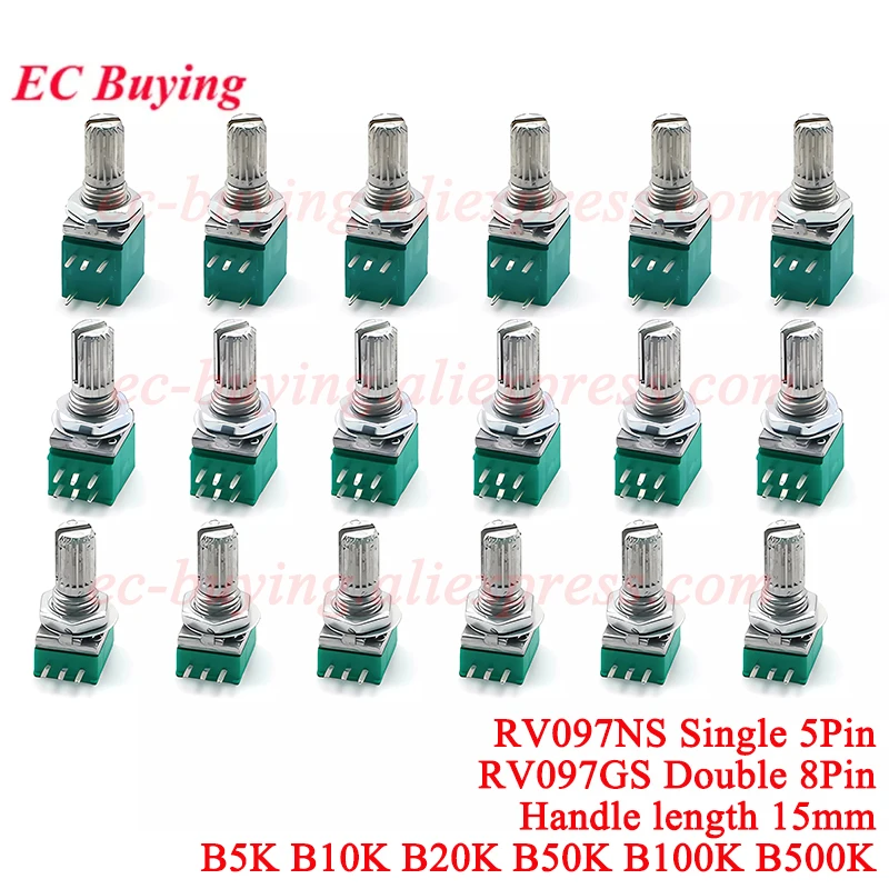 1-10 Uds RV097NS único RV097GS doble 5K 10K 20K 50K 100K 500K interruptor de Audio 5PIN 8Pin eje 15mm amplificador potenciómetro de sellado