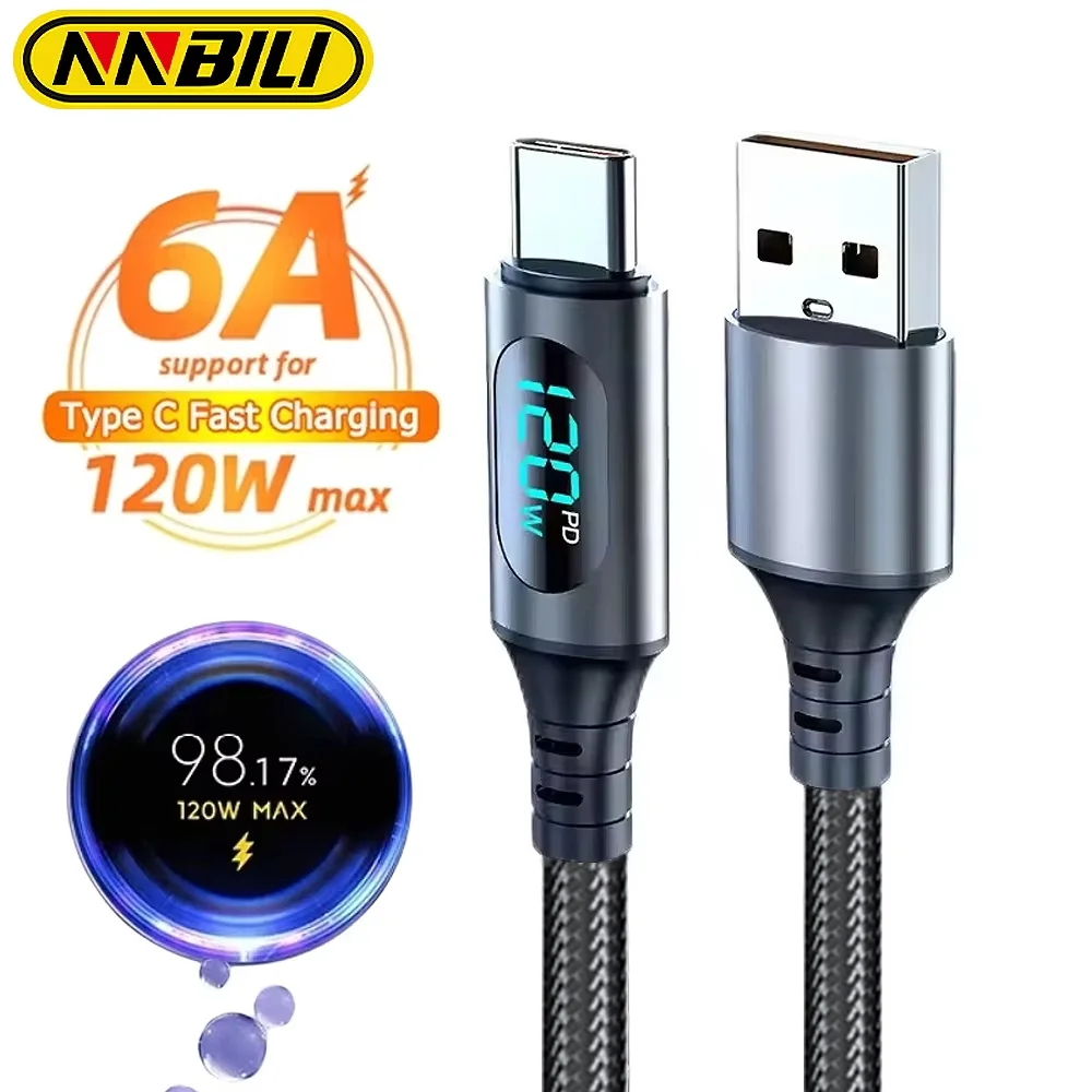NNBILI 120W PD Cable de datos de carga rápida de aleación de aluminio Cable de carga rápida Universal USB a tipo C Cables de datos de pantalla Digital LED