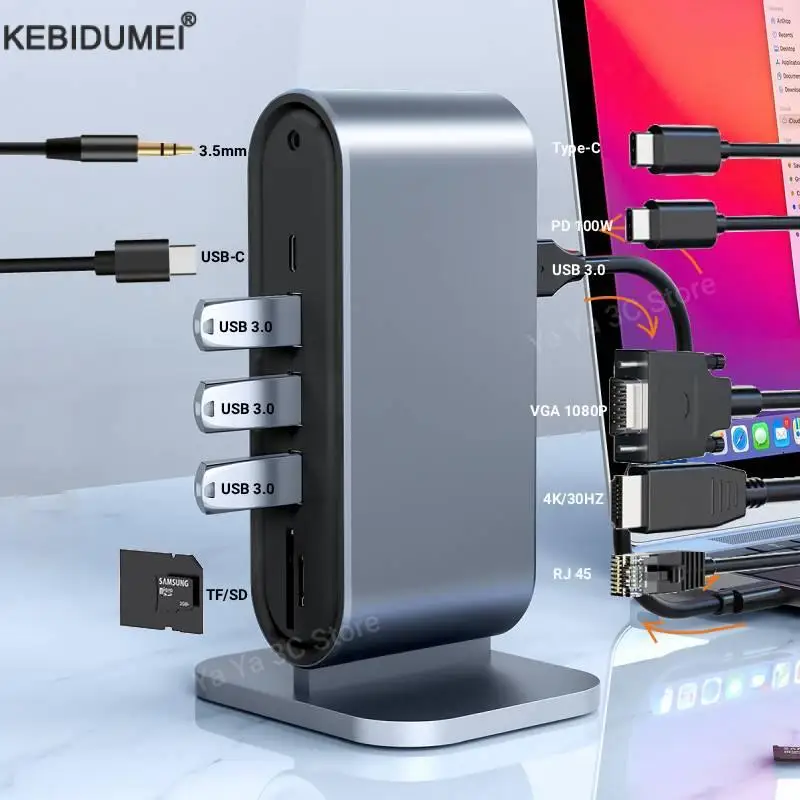 Estación de acoplamiento tipo C Hub 12 en 1, adaptador Compatible con HDMI 4K @ 30Hz, USB 3,0 PD 100W, RJ45, SD, TF, divisor USB para Macbook, portátil y PC