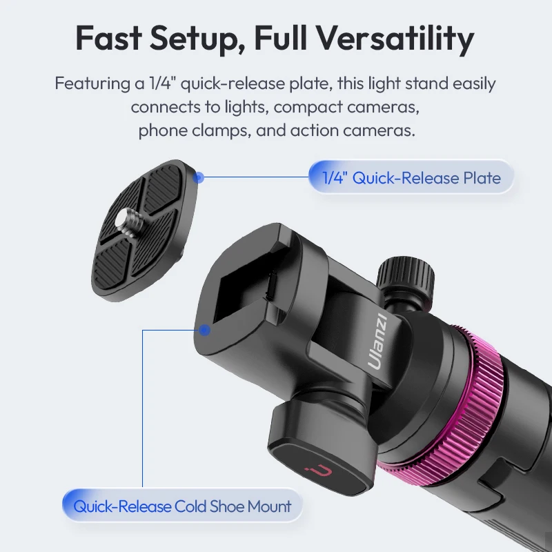 Ulanzi MT-89 Soporte de luz de liberación rápida de 2M con soporte de zapata fría Trípode de fotografía extensible de 8 secciones para cámara de acción Abrazadera de teléfono - imagen 2