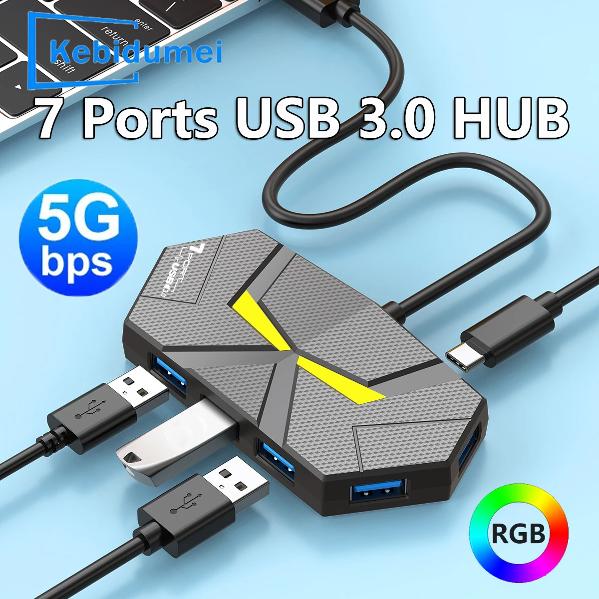 Estación de acoplamiento USB 3,0 HUB tipo C de 7 puertos, adaptador divisor de transmisión de alta velocidad de 5Gbps para ordenador portátil, disco duro, ratón y teclado