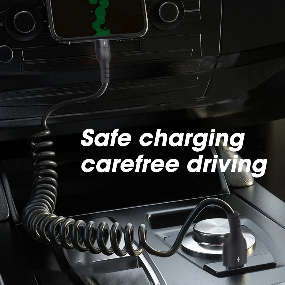 PD 27W 5A Cable de carga rápida elástico de resorte de coche para Apple iPhone 14 11 12 13 Pro Max 7 8 14 Plus X XR XS accesorios de Cable de datos - imagen 3