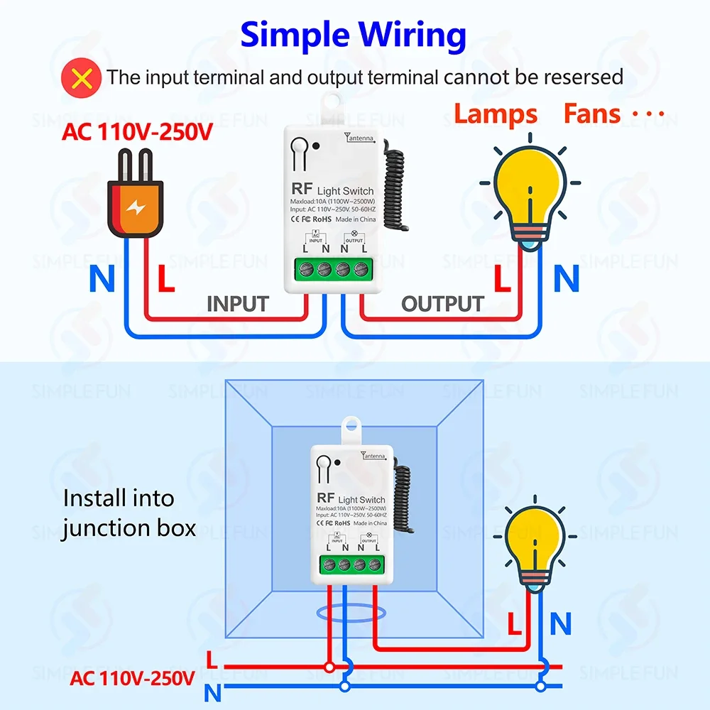 Interruptor de luz con Control remoto inalámbrico, 433Mhz, 220V, 230V, 110V, 10A, módulo de relé de tamaño Mini para Control remoto, lámpara LED para el hogar, ventilador - imagen 4
