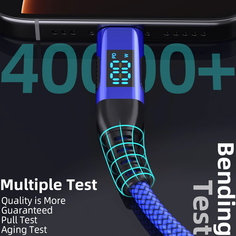 Cable de carga rápida PD trenzado de nailon, 60W, 100W, tipo C a USB C, con pantalla LED, para teléfono, Huawei, Xiaomi, Samsung, 1M, 2M, 3M - imagen 4