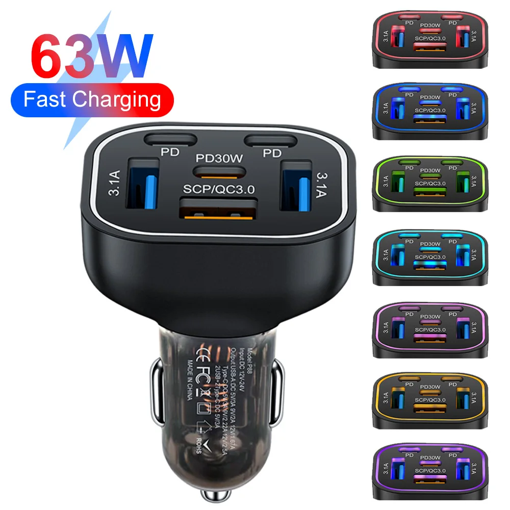 63W siete colores gradiente luz de respiración 3USB + 3PD cargador de coche adaptador de teléfono de carga rápida para Xiaomi iPhone Samsung cargador