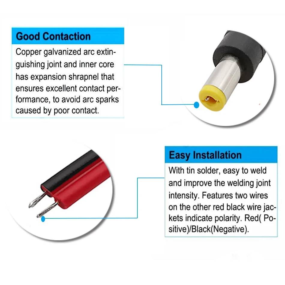 Conector de corriente continua de 18 AWG, 0,75mm, 5,5x2,1mm, 2,5mm, Cable macho y hembra de 30cm para tira de luces LED, cámaras CCTV - imagen 5