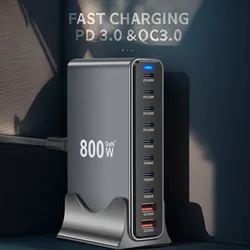 Nuevo cargador de escritorio GaN de 800W 3,0 USB-C PD cargador de 10 puertos 8C2A carga rápida para móviles y tabletas diseño ultraportátil