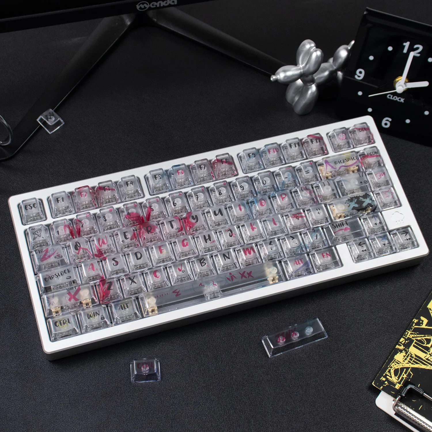 Teclas transparentes rojas y blancas con almohadilla UV, juegos de teclas de PC con perfil de cereza para teclado mecánico MX 61/64/87/96/104