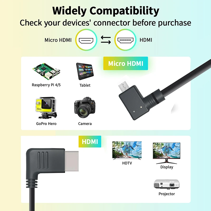 Cable Micro HDMI en ángulo 4K 60Hz HDMI a Micro HDMI Cable bidireccional con enchufe doble en ángulo Cable Micro HDMI 2,0 - imagen 2