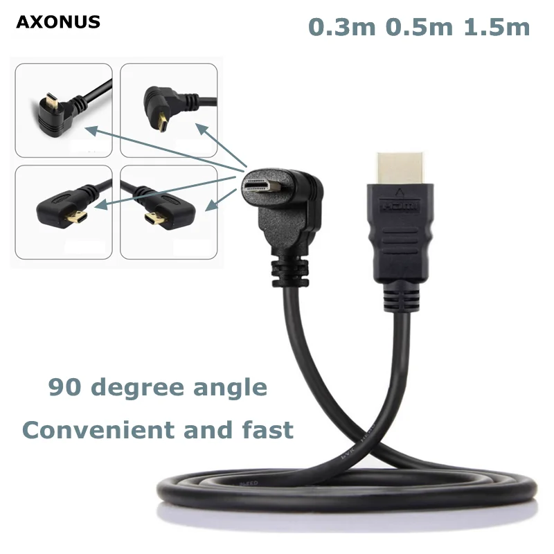 Cable de codo en ángulo izquierdo y derecho tipo A a Micro HDTV tipo D arriba y abajo 3D 4K 1080p Audio compatible con Micro HDMI para cámara de tableta