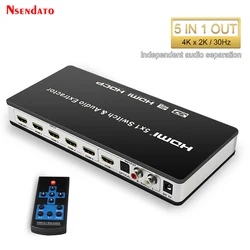 Conmutador HDMI 5 Entradas 1 Salida 4K con Extractor Audio ARC y Control IR