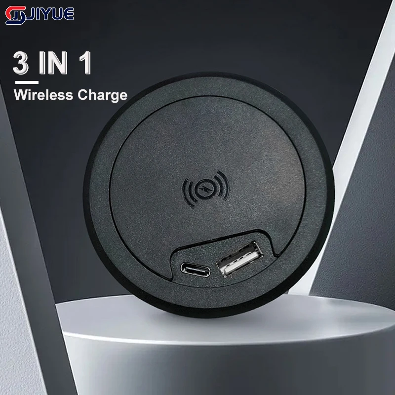 Enchufe integrado de escritorio USB + tipo c + cargador rápido de carga inalámbrica de 5W dispositivo de escritorio incorporado conector rápido adaptador de orificio redondo
