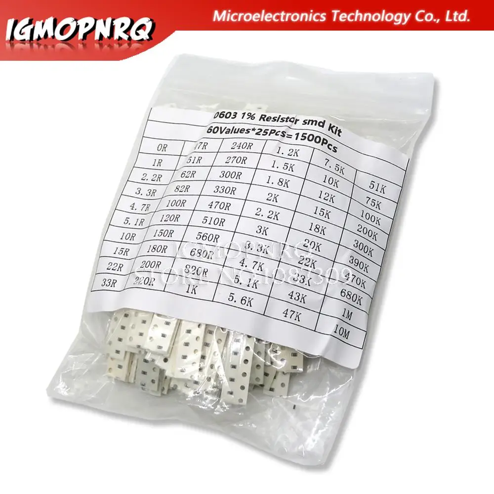 Juego surtido de resistencias SMD 1500 de 0603 piezas, Kit de resistencia de Chip de película de alta precisión, 60 valores x 25 piezas, 0ohm - 10M Ohm, 1/10 vatios, 1%