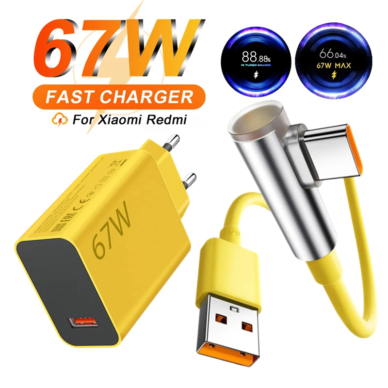 Cargador rápido Turbo 67W 6A para Xiaomi 12 13 14 15 Redmi Note 11 12T 13 14 Pro POCO X4 X5 X6 X7 codo tipo C Cable de carga rápida