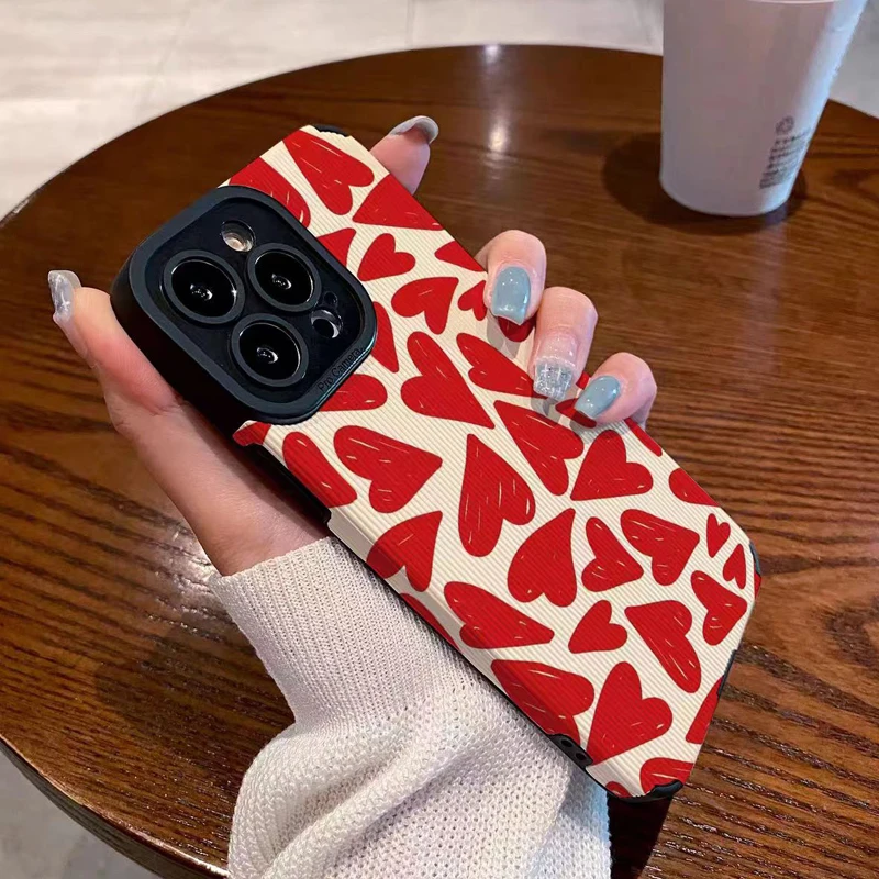 Funda de silicona a prueba de golpes para iPhone, carcasa Irregular de cuero rojo con corazón de amor para iPhone 14, 13, 15, 11, 12 Mini Pro Max, 7, 8 Plus, SE, X, XR, XS