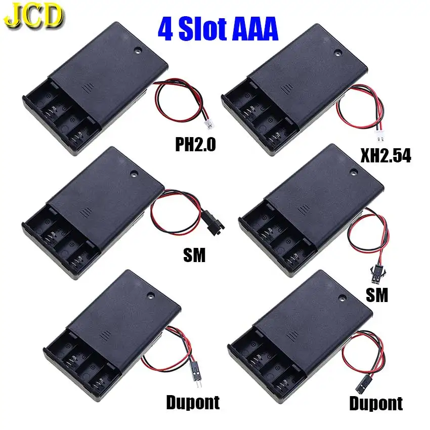 JCD AAA soporte de batería caja de almacenamiento 4 ranuras soporte de batería AAA con DC 5,5x2,1mm PH2.0 XH2.54 SM DuPont Terminal Leadwire