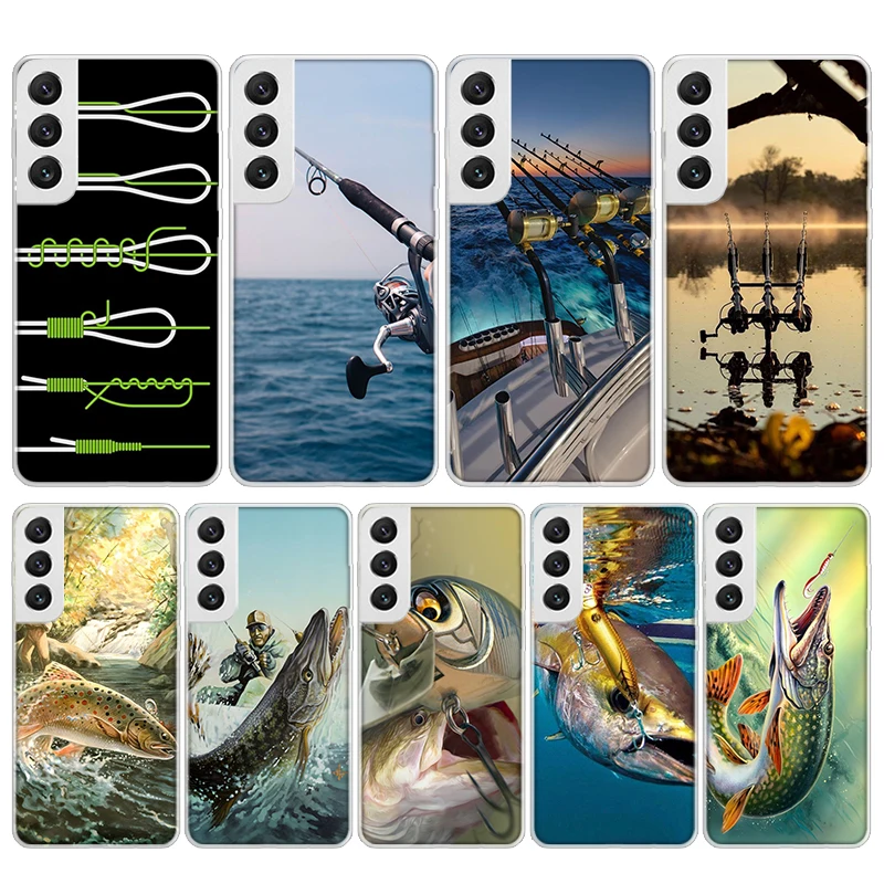 Funda de teléfono de silicona con gancho para caña de pescar y pescado de carpa para Samsung Galaxy S23 S24 S25 Ultra S21 Plus S20 FE S22 S10 + Funda de borde Ga
