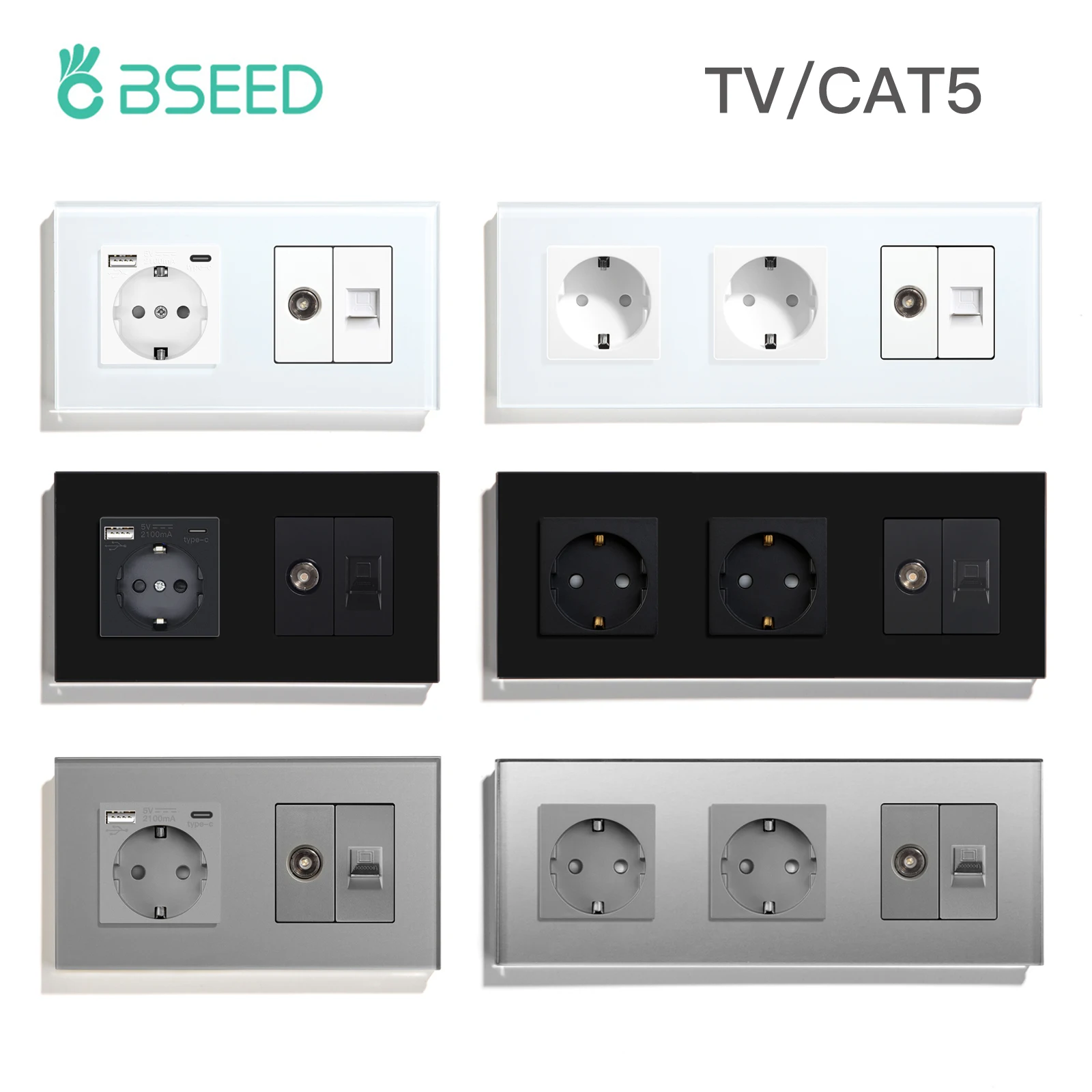 BSEED TV CAT5 con enchufe europeo enchufes de pared dobles TV Internet RJ45 conexiones de PC enchufes eléctricos USB tipo c marco de vidrio